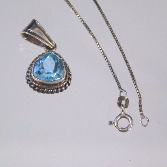 Trillion Cut Blue Topaz Gemstone Pendant Necklace - Picture 2 of 6